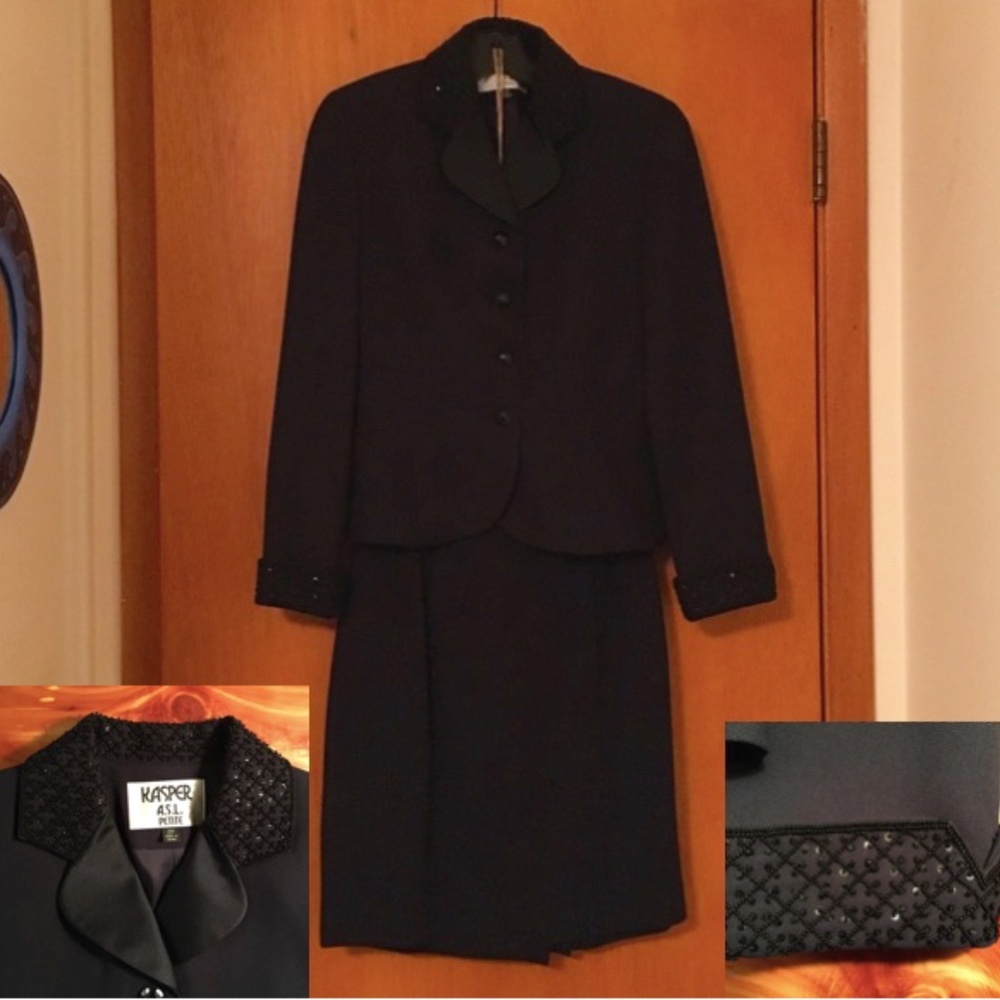 SOLD—Vintage 1990's Kasper Navy Bead Embellished Jeweled Skirt Suit, Size 2P - Picture 5 of 16